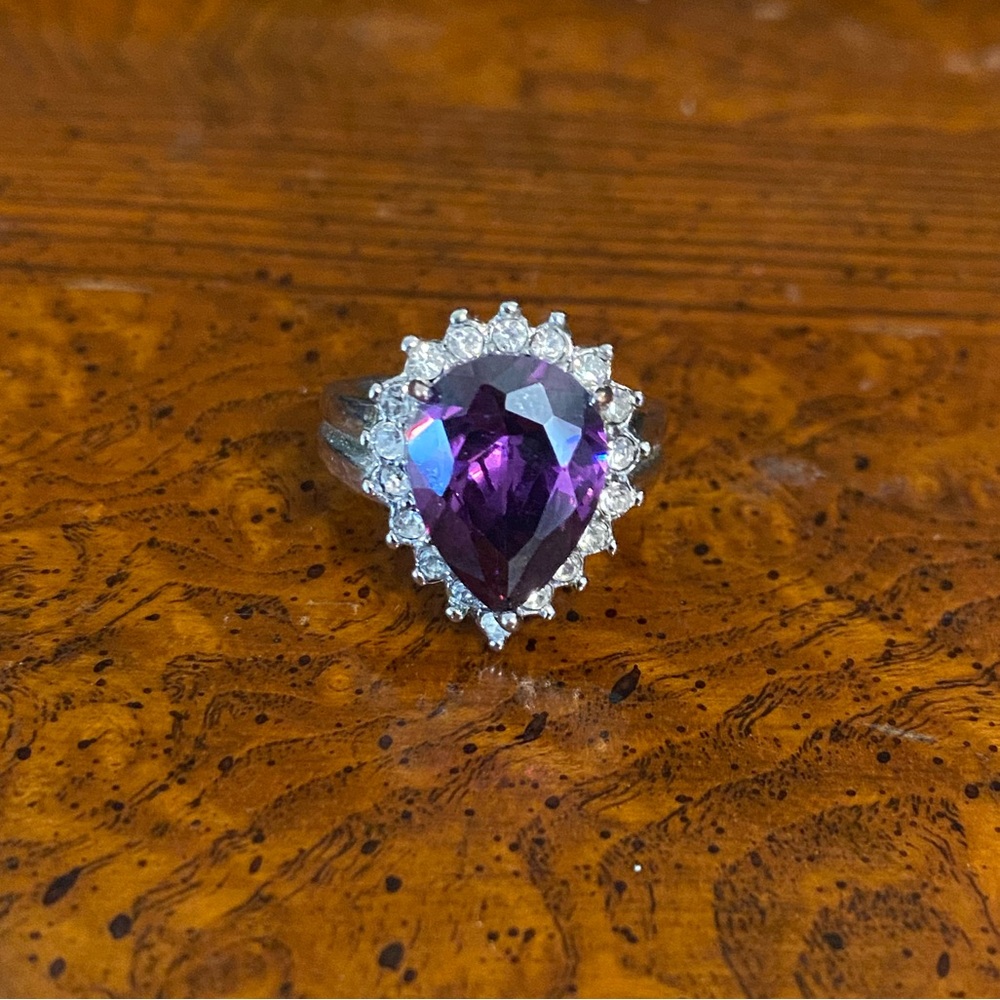 Elegant Purple Iolite and CZ  Teardrop -Shaped Ring. Size 7.25